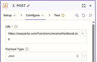 Zapier webhook settings with the Easy P4P URL and JSON payload type