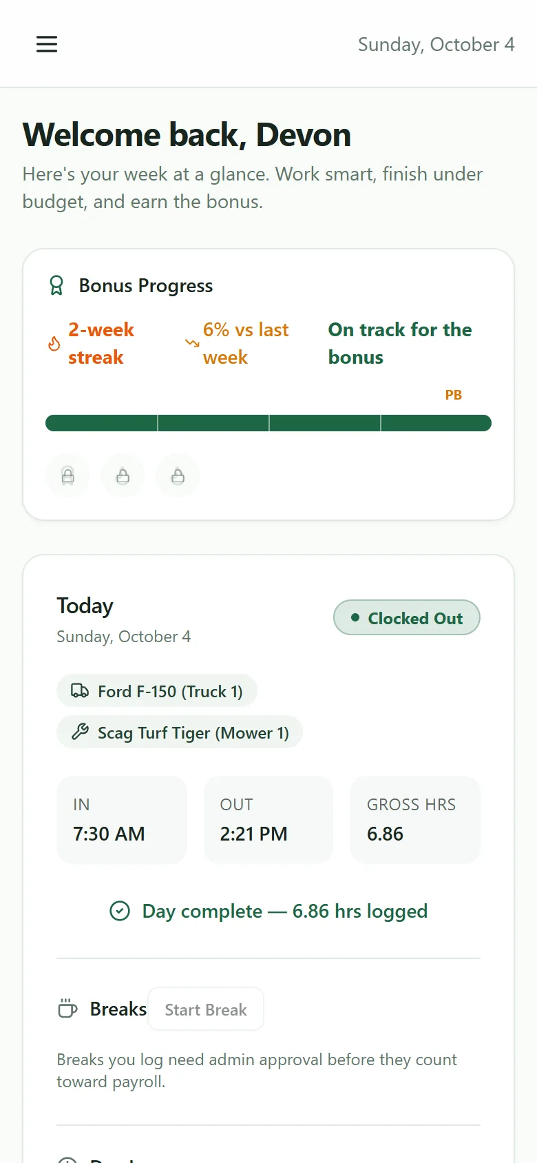Easy P4P crew dashboard on a phone showing bonus progress and today's clock-in status
