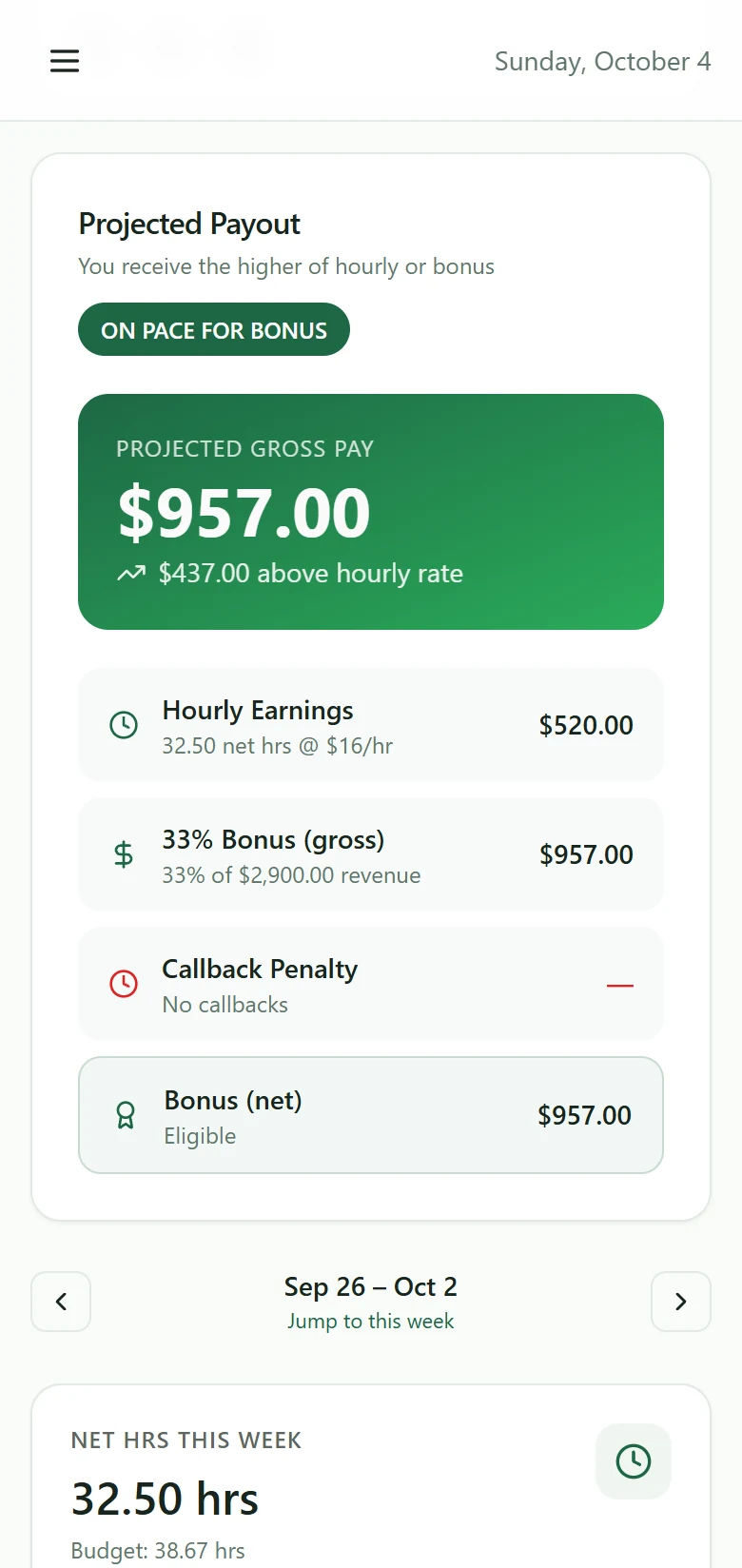 Easy P4P crew phone screen showing projected pay, bonus and callback deduction