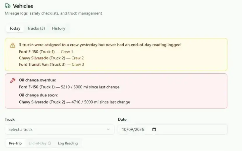Easy P4P fleet tracking showing vehicle checklists, mileage and oil change alerts